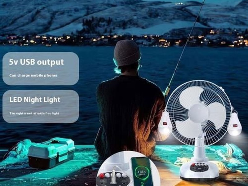 12 Inch AC/DC Solar Rechargeable Fan, 4 In 1 Multifunctional Fan with Solar Panel, LED Light & USB Port, Phone Charging Function for Home Outdoor